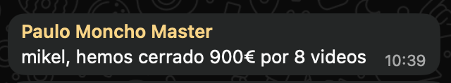 Cierre por paquete: 900€ por un paquete de 8 vídeos.